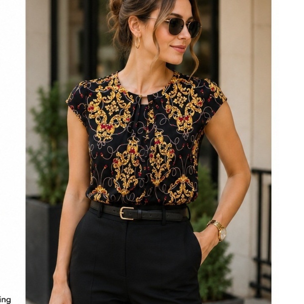 Worthington Petite Stretch PXL Black Gold Baroque Scroll Mock Neck Blouse Top
